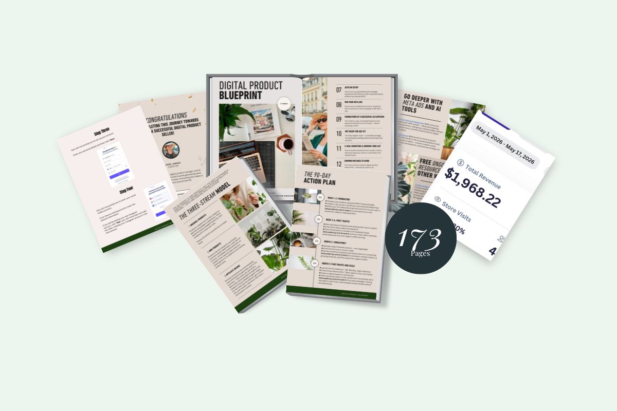 Digital Product Blueprint mockup with multiple pages and income screenshots.