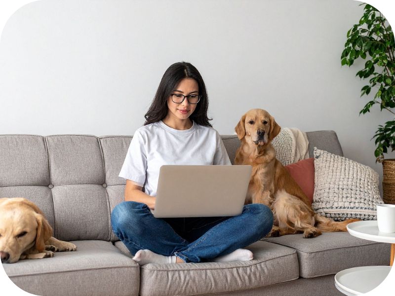 woman working on laptop on couch with dogs