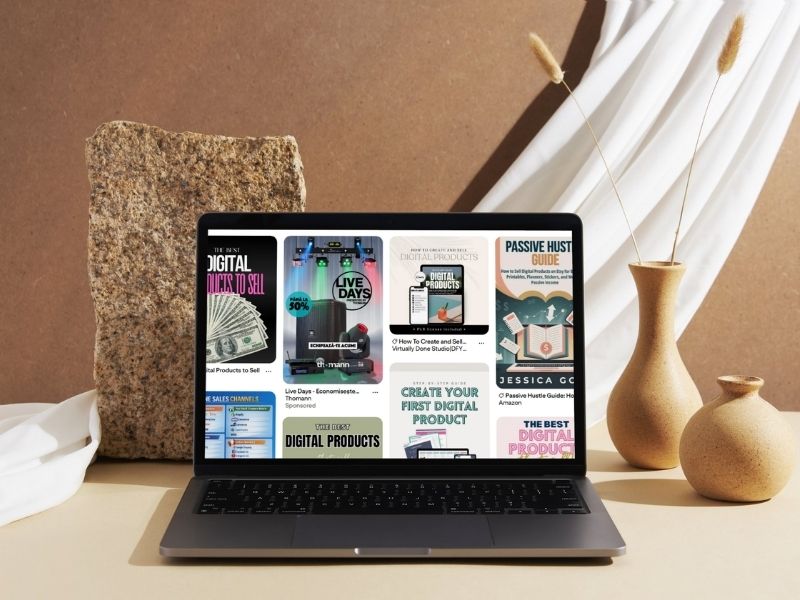 computer in aesthetic setting with pinterest pins up on the screen