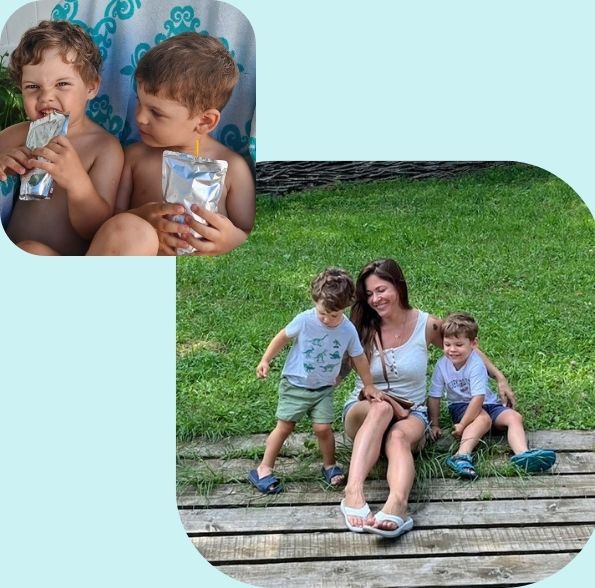 Two images - one of two toddler boys drinking capri sun shirtless sharing a beachchair in summer. The other of a mom and her two kids sitting in the grass, smiling not looking at the camera. 