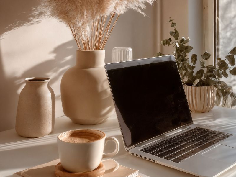 Aesthetic workspace with light filtering in over laptop and coffee mug