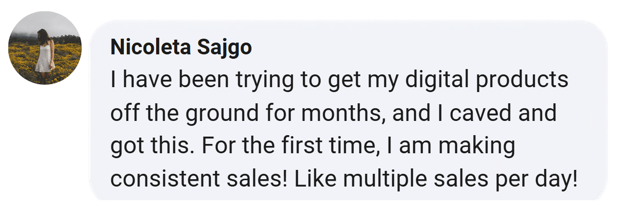 Customer review from Nicoleta Sajgo: I have been trying to get my digital products off the ground for months, and I caved and got this. For the first time, I am making consistent sales! Like multiple sales per day!
