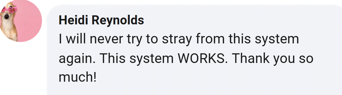 Customer review from Heidi Reynolds: I will never try to stray from this system again. This system WORKS. Thank you so much!
